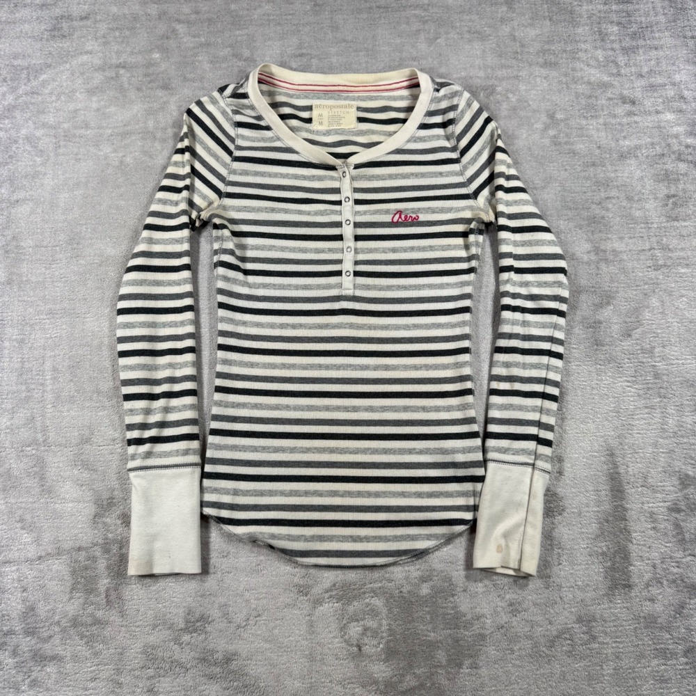 Aeropostale Shirt Women Medium Gray Striped Long Sleeve Henley Top Ribbed Y2K